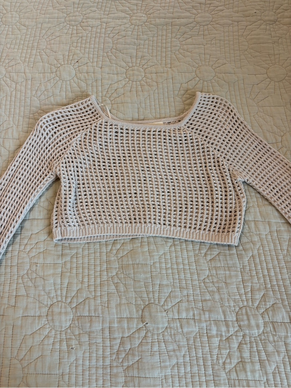 La Hearts Cropped Open-Knit Scoop-Neck Sweater in Light Beige